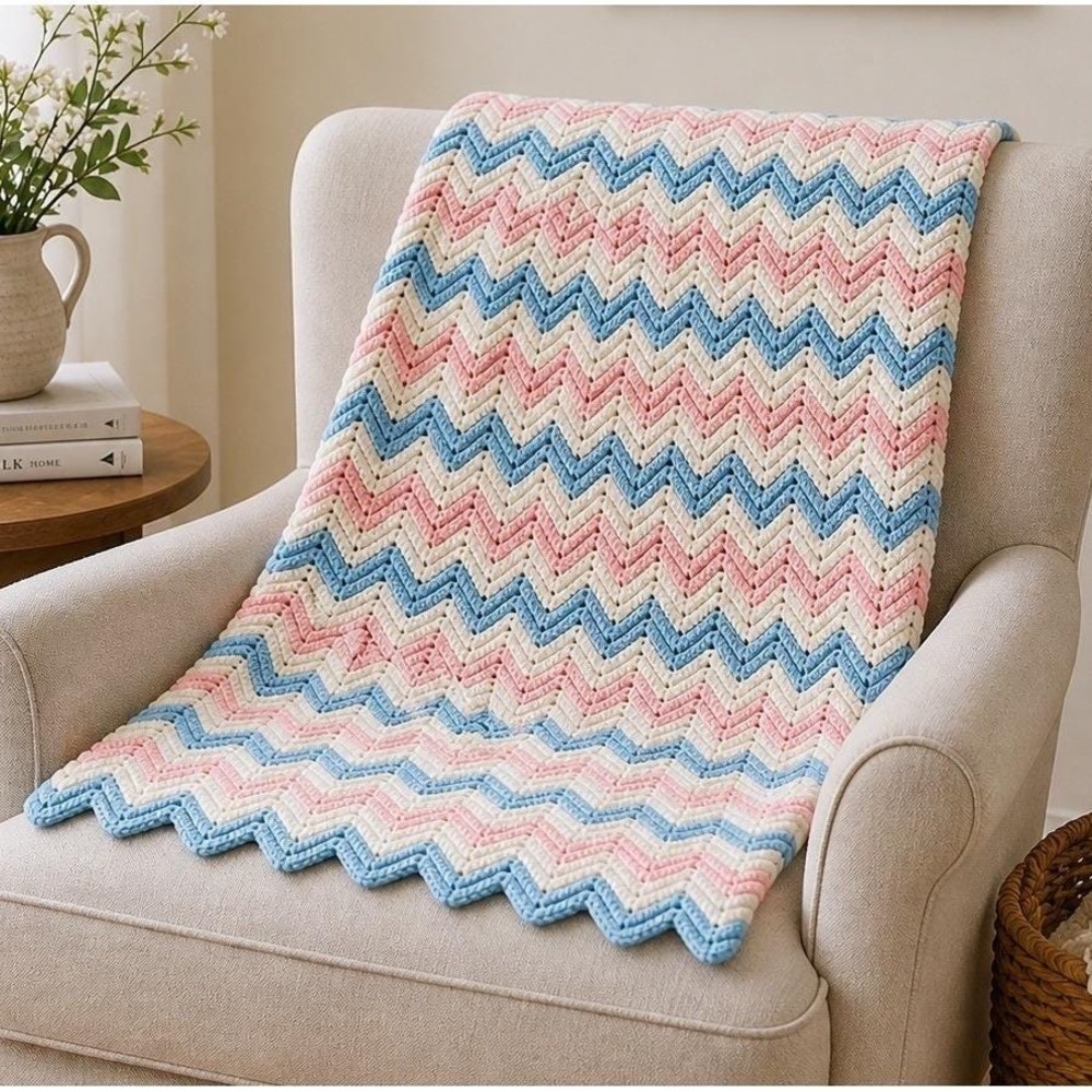 Vintage Handmade Crochet Chevron Baby Blanket Afghan Pink Blue 46x47